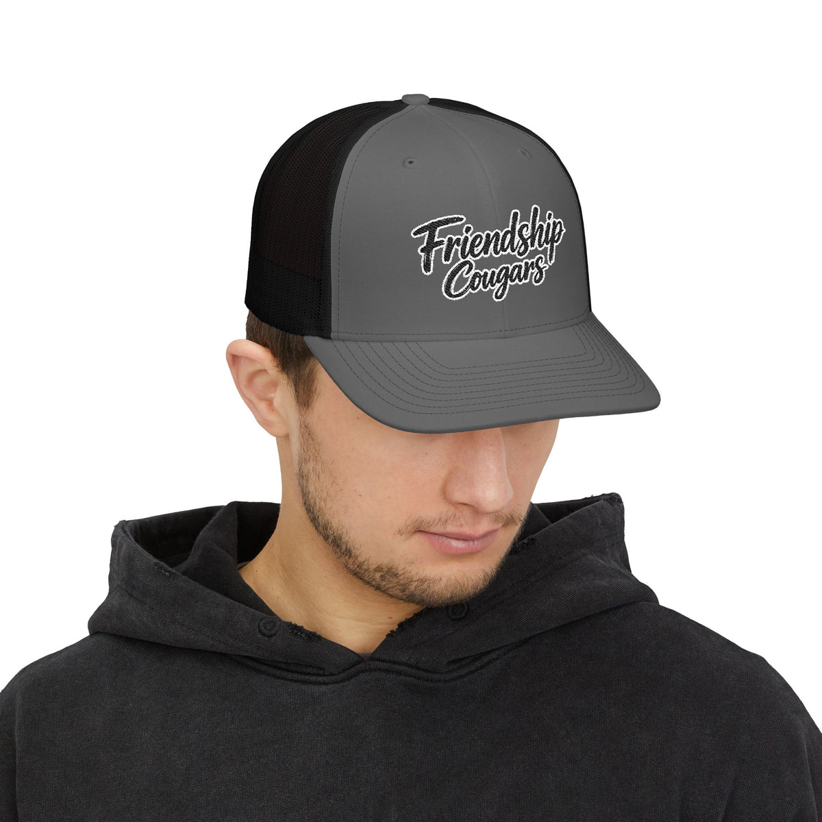 Embroidered Script Snapback Trucker Cap