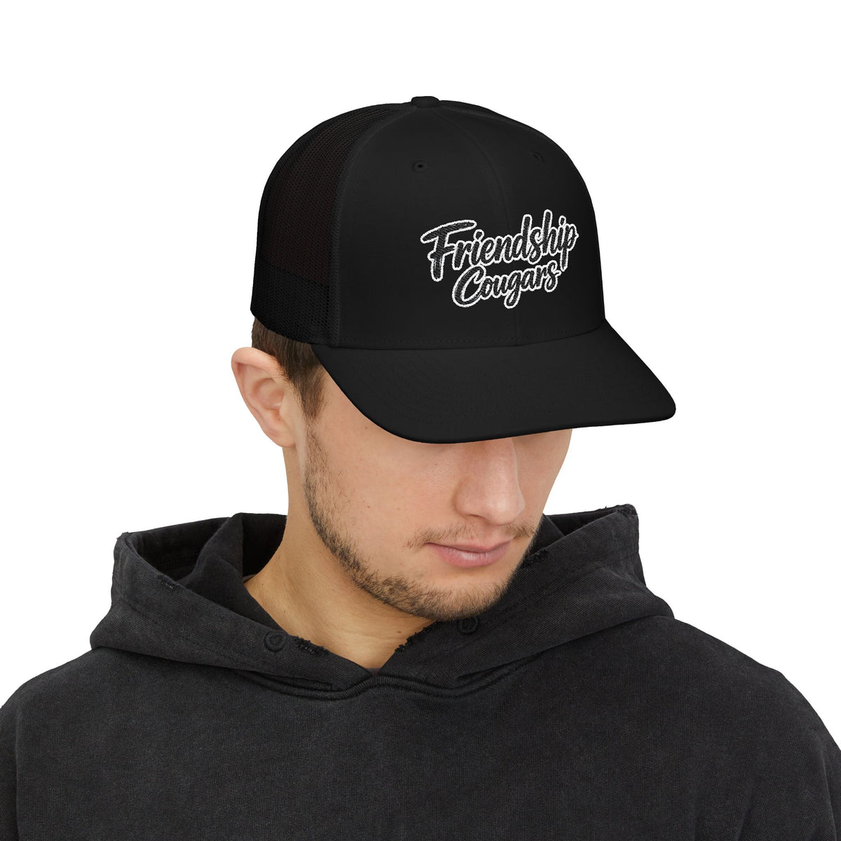 Embroidered Script Snapback Trucker Cap