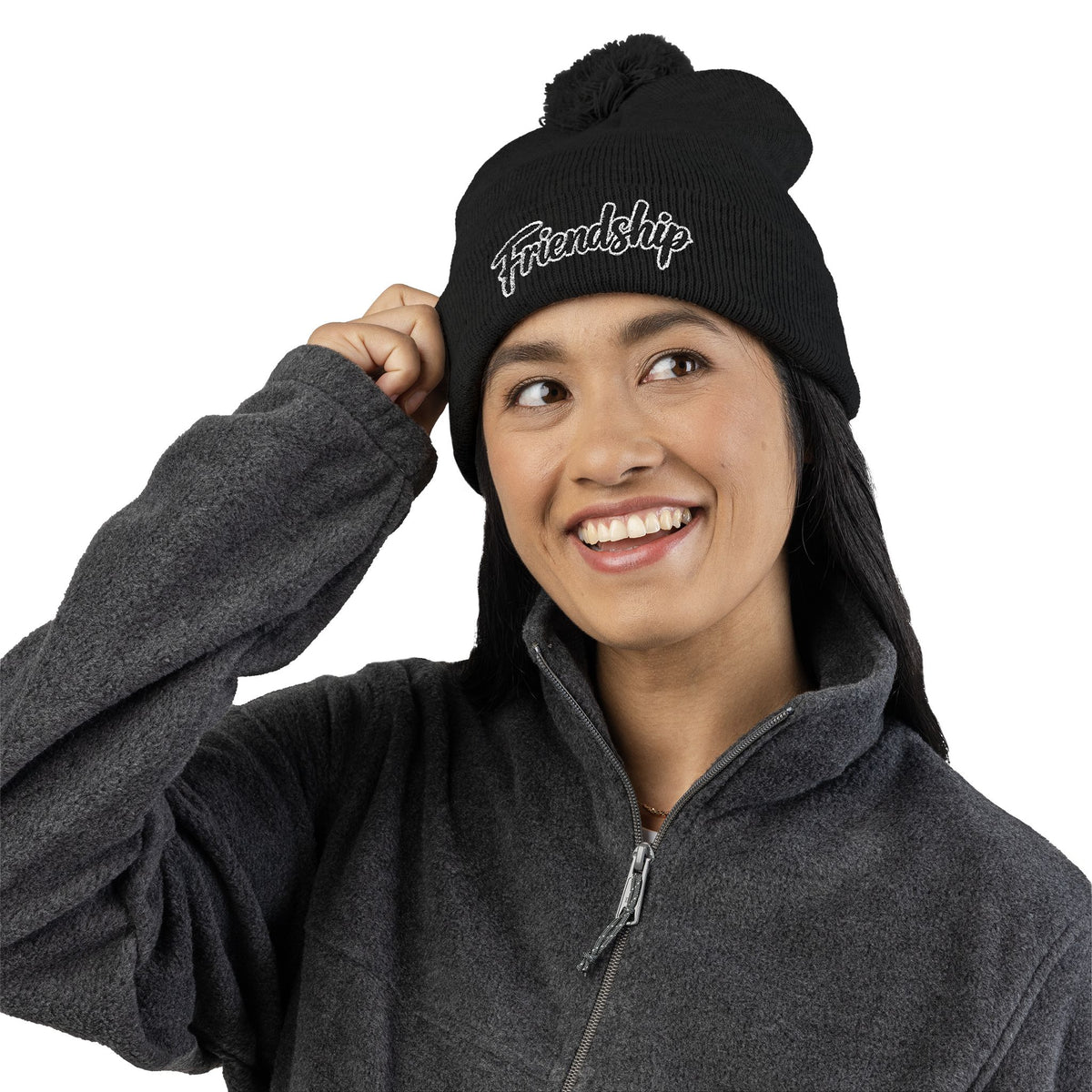Embroidered Pom-Pom Beanie