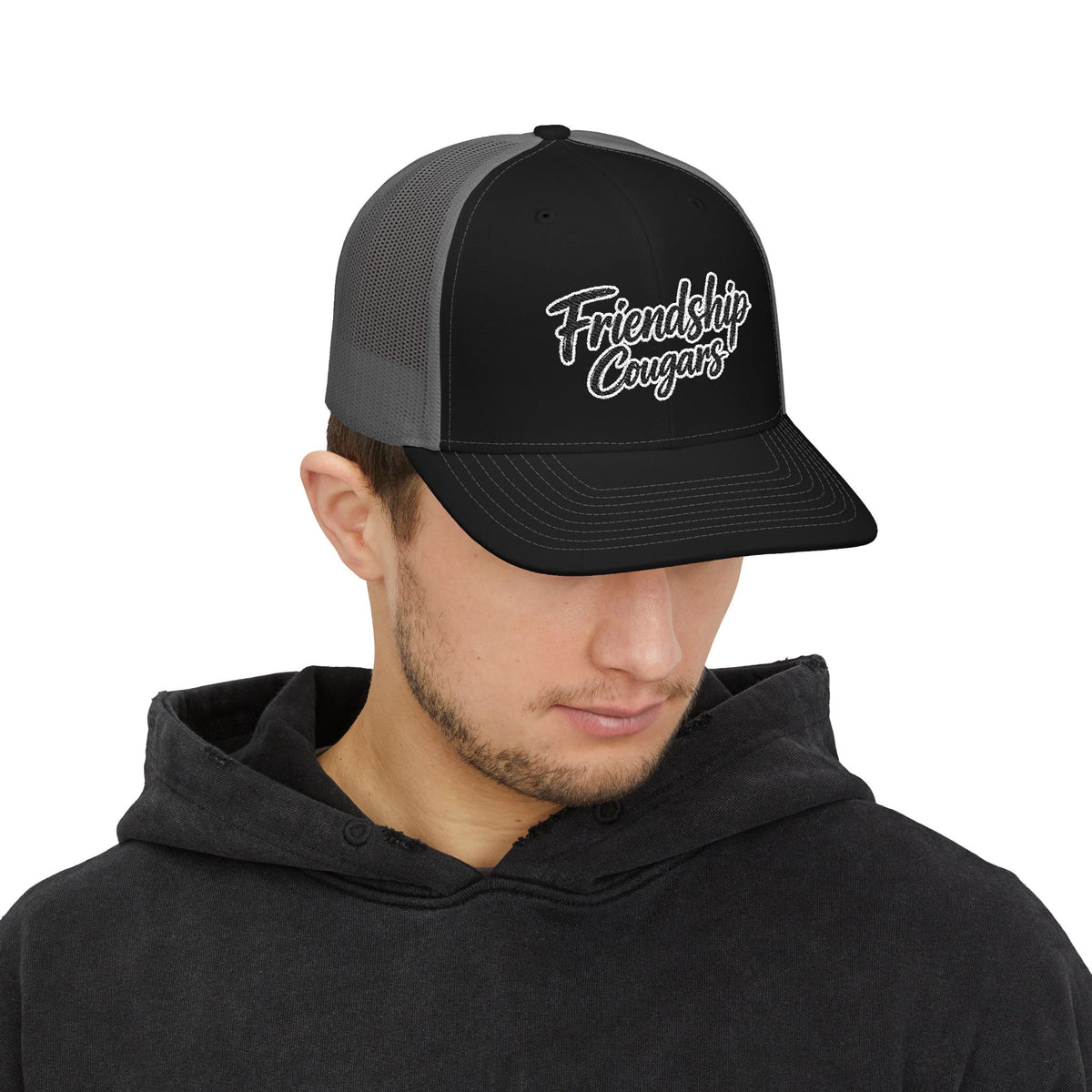 Embroidered Script Snapback Trucker Cap